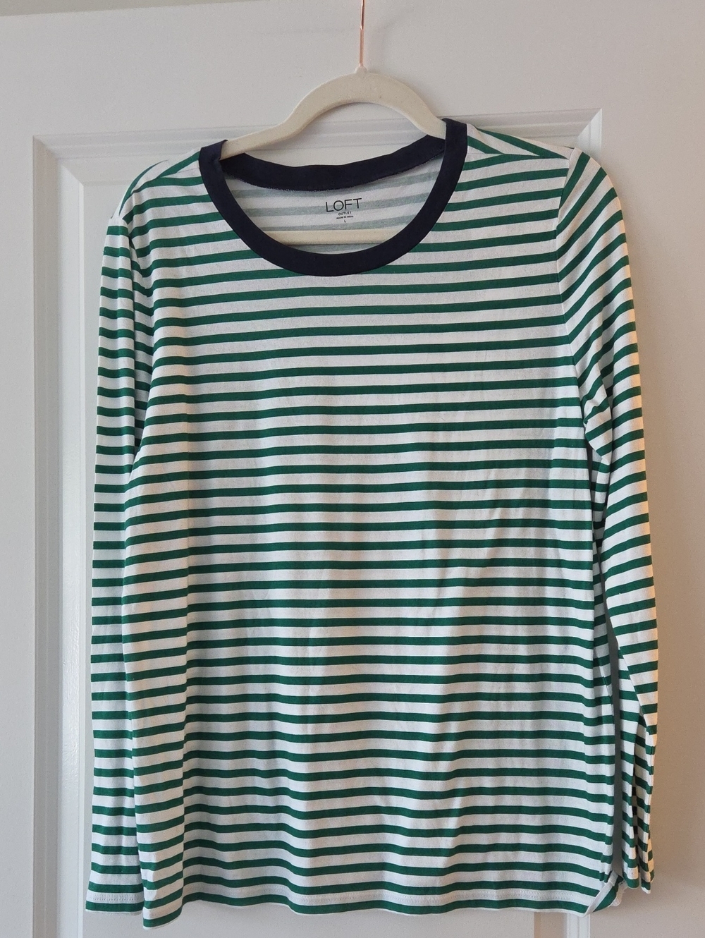 LOFT Green & White Striped Long-Sleeve Tee with Navy Trim